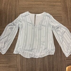 Lush Light Grey Striped Ruffle Bell Sleeve Blouse V Neck